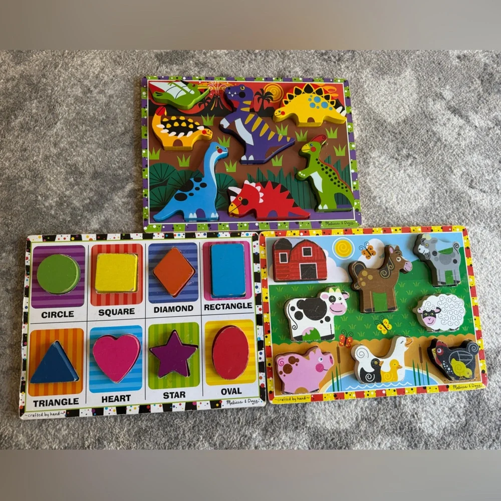 3 Melissa & Doug chunky wood puzzles: shapes, dinosaurs and farm animals